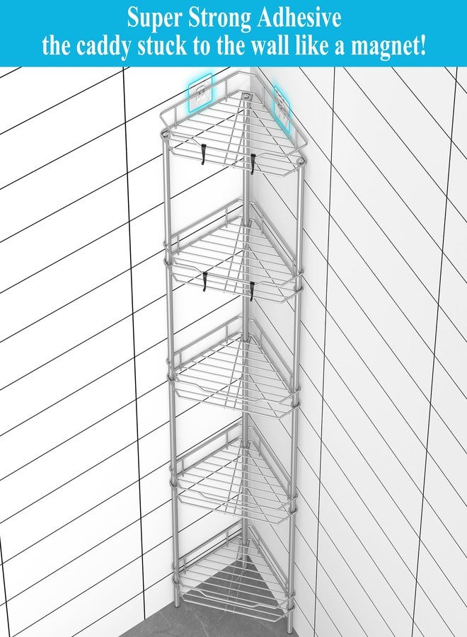 HuggieGems 5 Tier Floor Standing Corner Shower Caddy Organizer Shelf with Hooks, Bathroom Shelves Stand Rack, Gray - Image 2